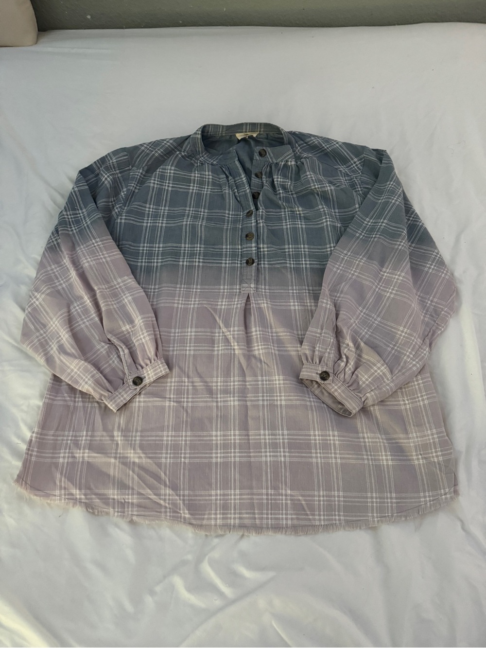Hummingbird Blue Gray Ombre Plaid Frayed Hem Tunic Blouse Large